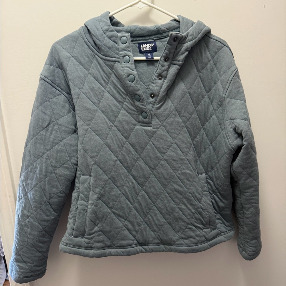 Lands' End Quilted Hoodie in Dusty Teal Blue